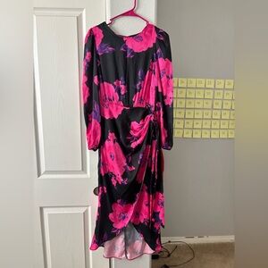 Black & Hot Pink Floral Long Sleeve Wrap Dress